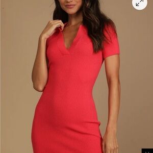 Lulu's Tee Time Coral Ribbed Polo Mini Dress